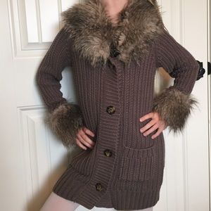 GAP kids long cardigan with fur collar/cuffs sz 10