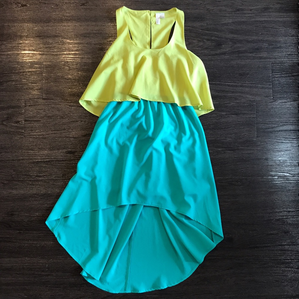 Limegreen and Teal High Low Dress