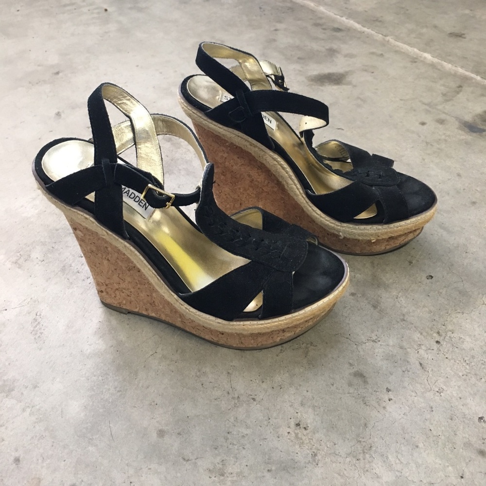 Steve Madden Black and Cork Wedge Heel Sandals