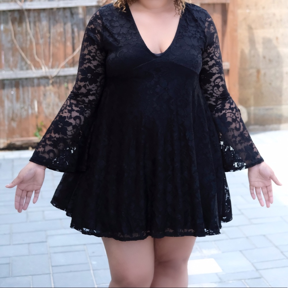 Black bell sleeve lace dress from Boohoo plus