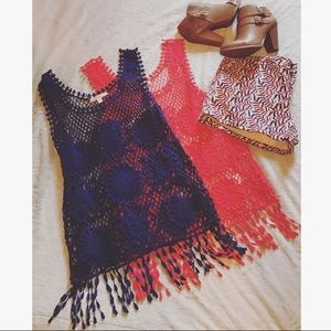 Blue and coral fringe tank tops
