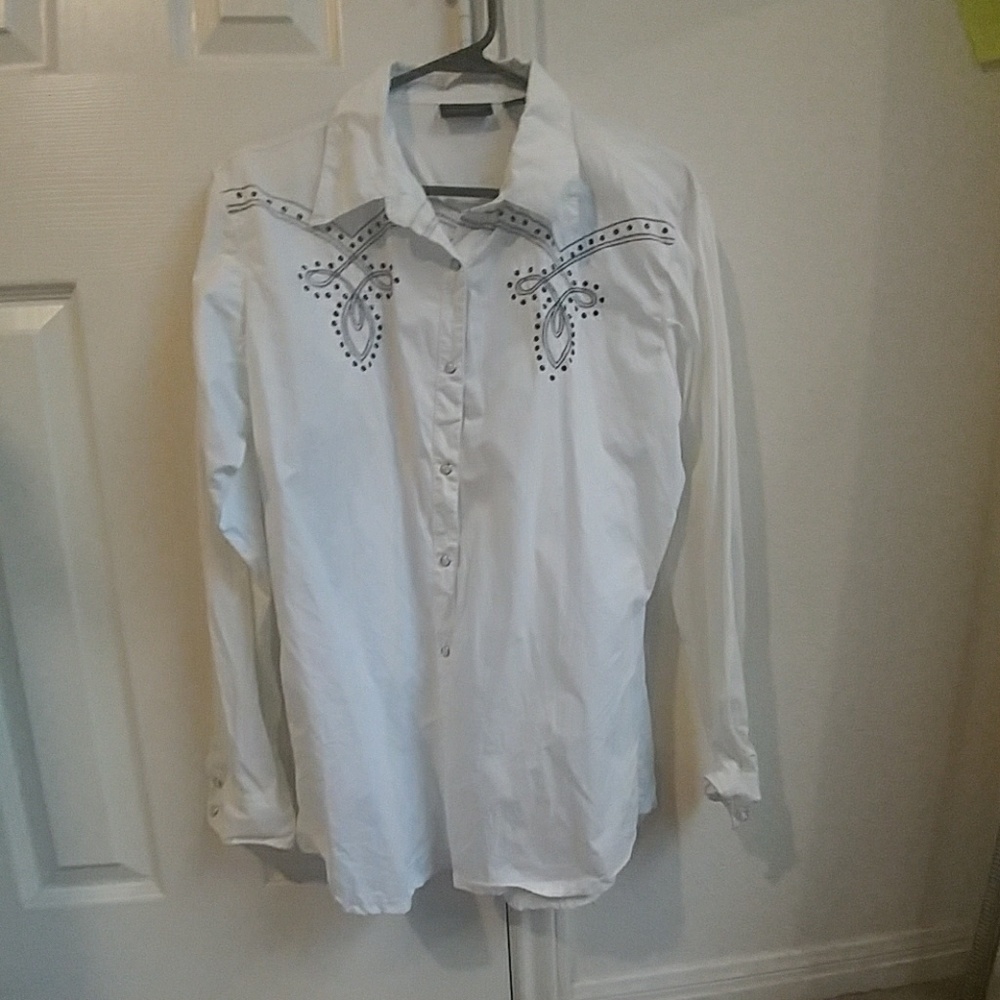 White women's button up with black design
