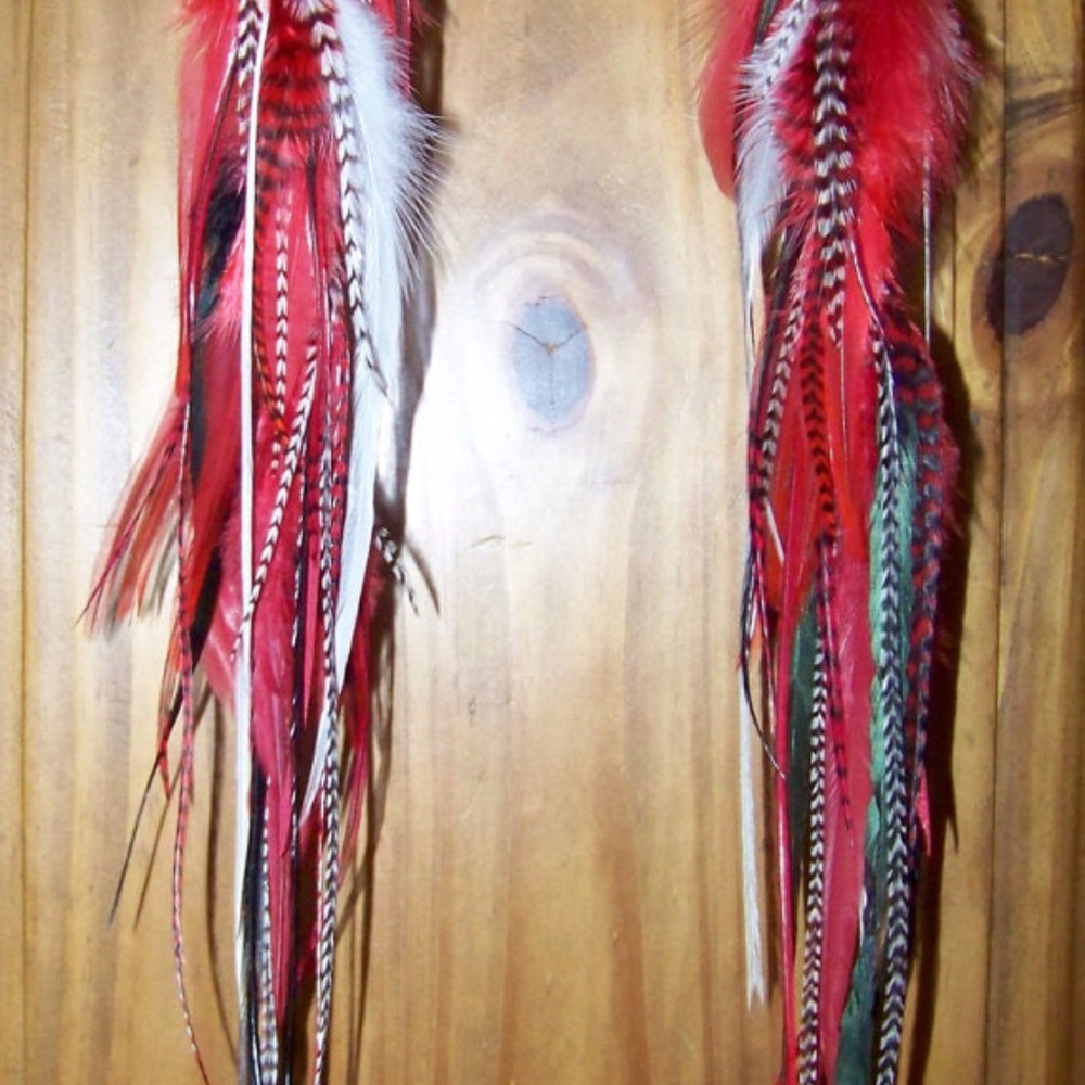 New Handmade Red Stripe Mix Long Feather Earrings