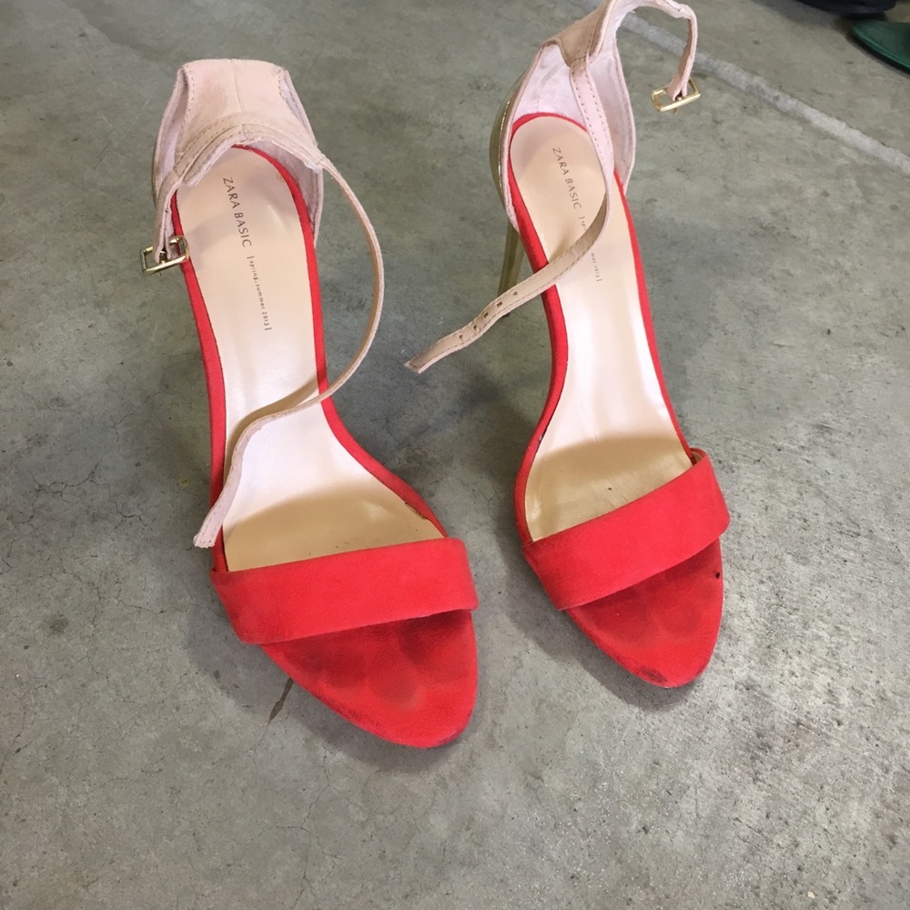 Zara red gold ankle strap sandal heel nude