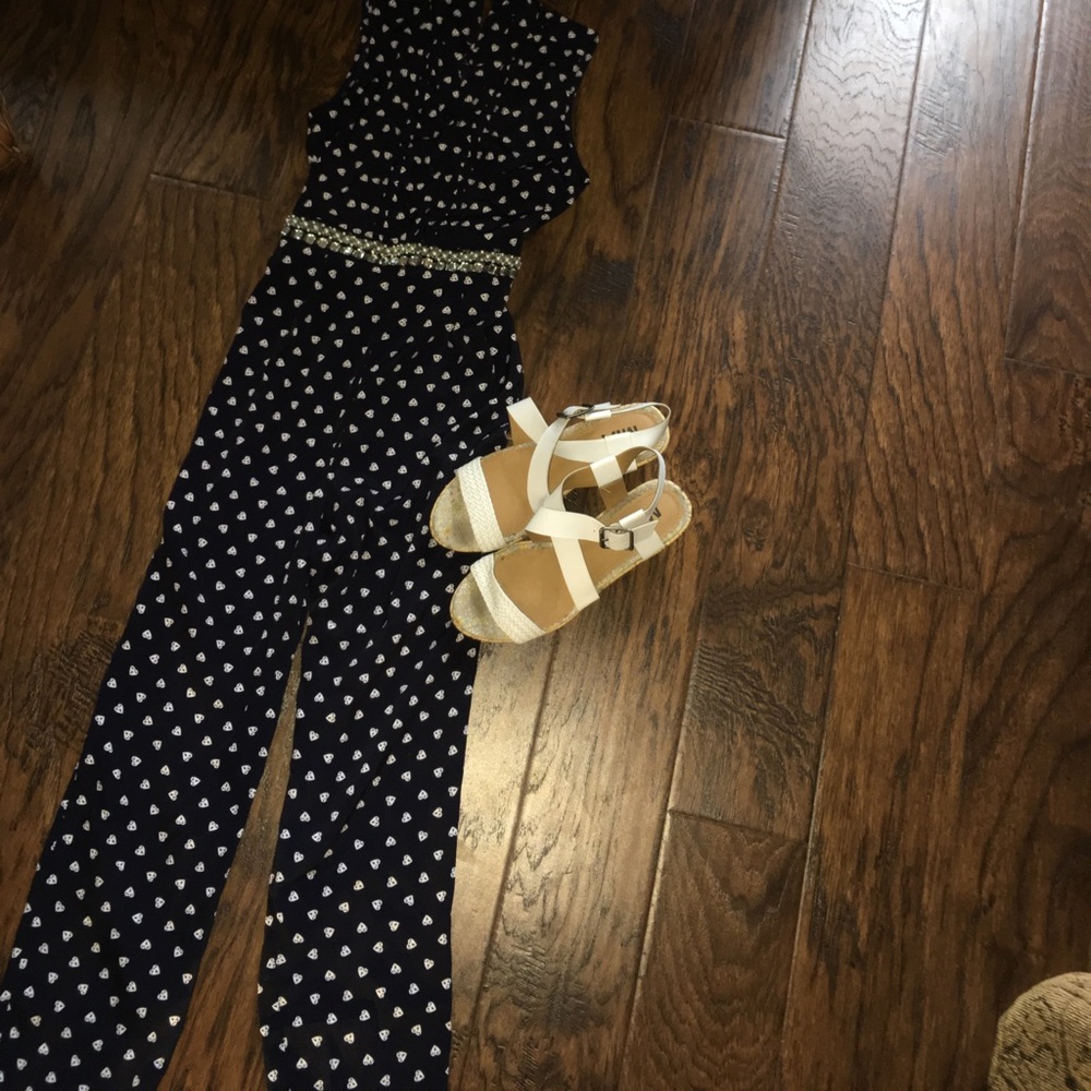 Navy and white jumpsuit with beaded connected belt