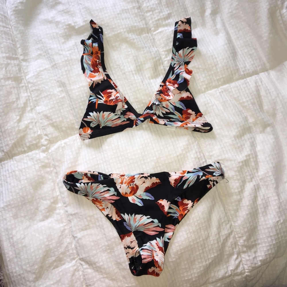 Floral Black Bikini With Ruffles