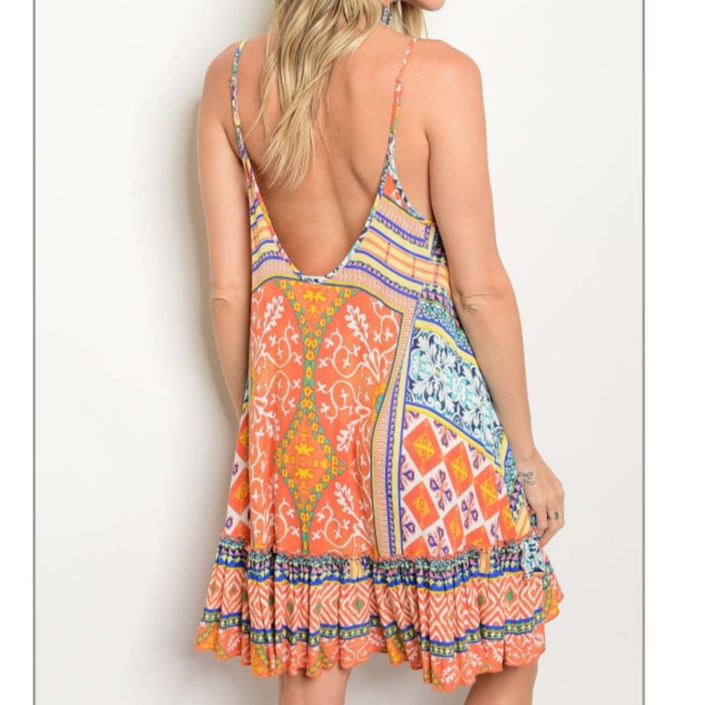 ‼️LAST ‼️Orange Multi Patterned Dress w/ Ruffle - Picture 2 of 4
