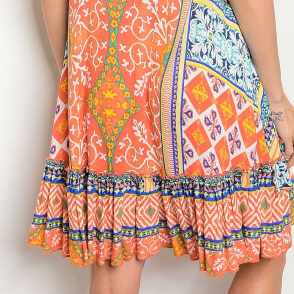‼️LAST ‼️Orange Multi Patterned Dress w/ Ruffle - Picture 3 of 4