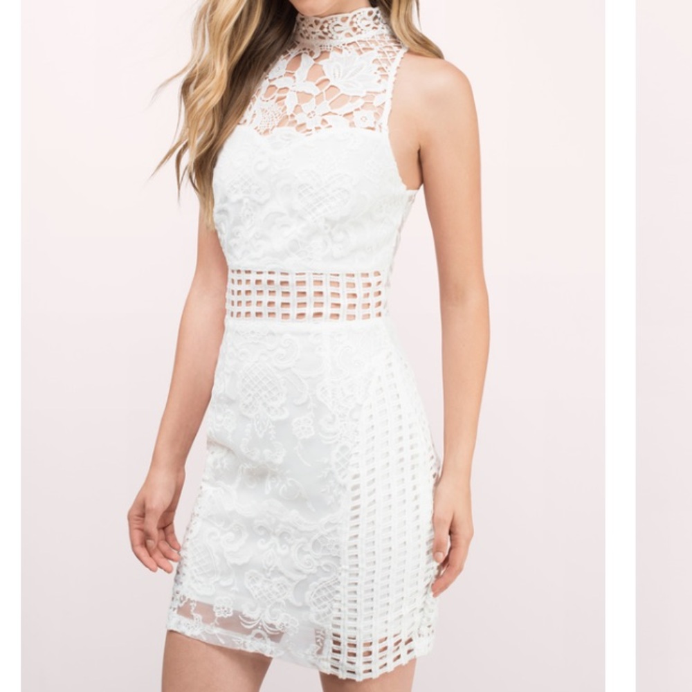 White mock neck lace detail dress