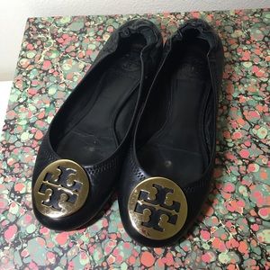 Tory Burch Black Leather Flats with Gold Hardware