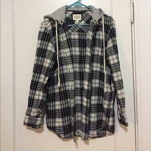 Button-down shirt jacket with hood