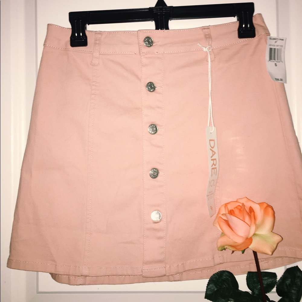 pink button down denim skirt