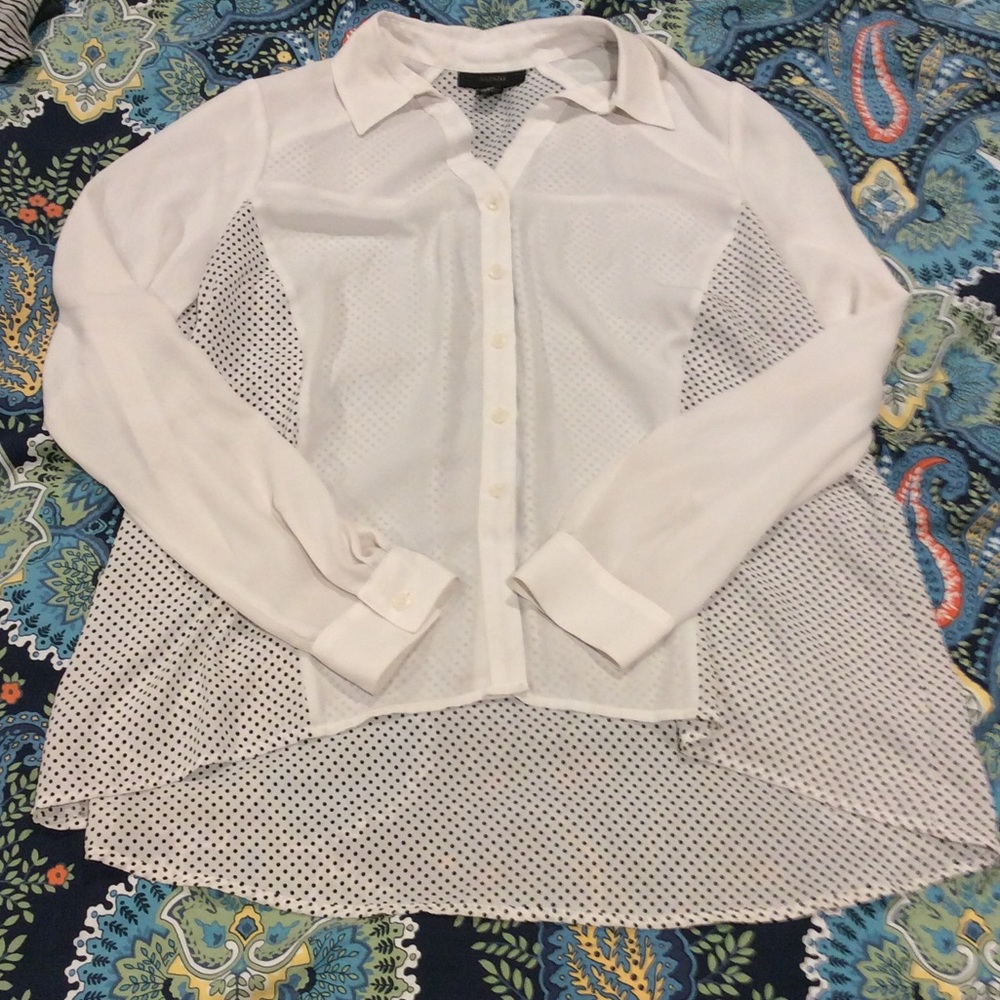Sheer white and black button down polka dot tunic