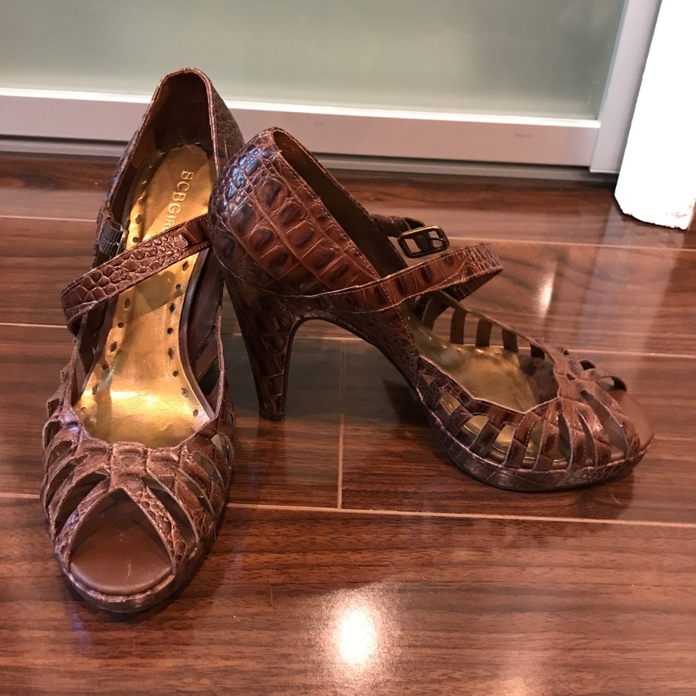 BCBG brown faux snake skin heels