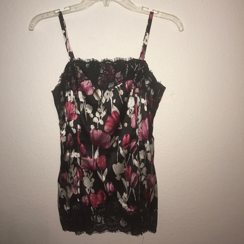 Floral print lace trim tank top