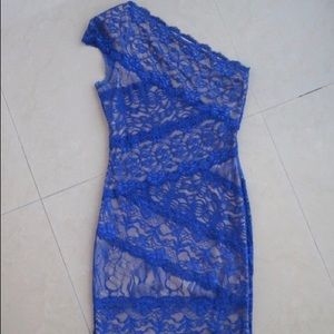 One shoulder blue lace dress