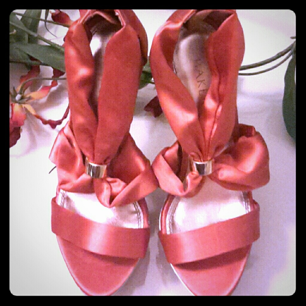 Sexy Coral Satin Sandal gold platform accent