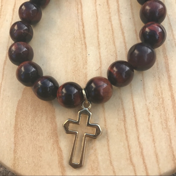 Handmade Natural Tigereye Stone Cross Bracelet - Picture 2 of 3