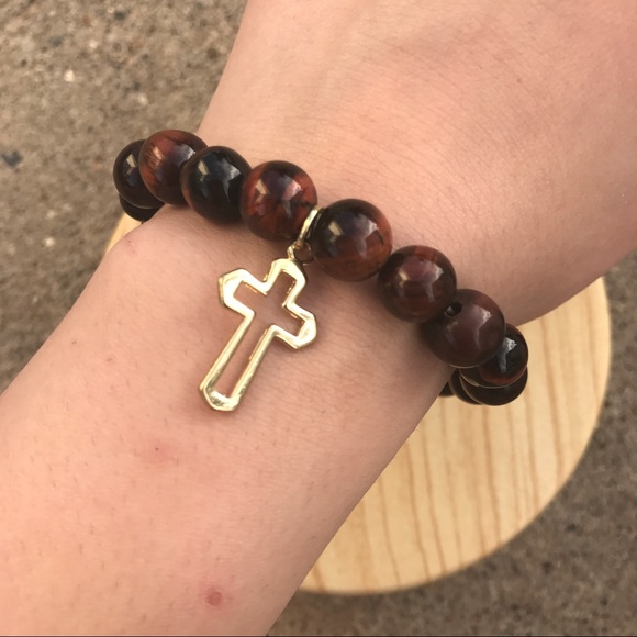Handmade Natural Tigereye Stone Cross Bracelet - Picture 3 of 3