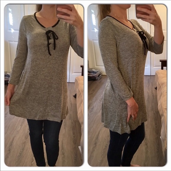 ‼️3 for $25‼️Gray Tunic Top with Lace up Tie - Picture 3 of 3