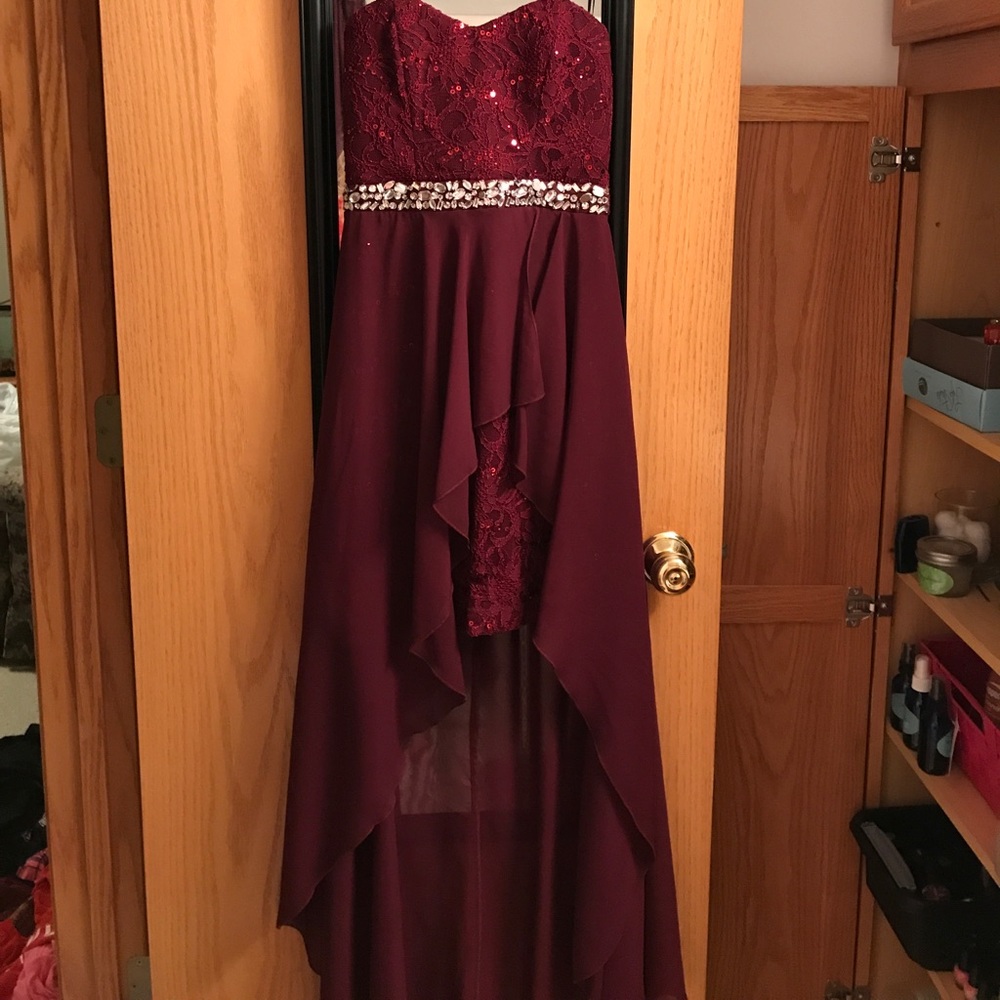 Maroon High Low Strapless Prom Dress
