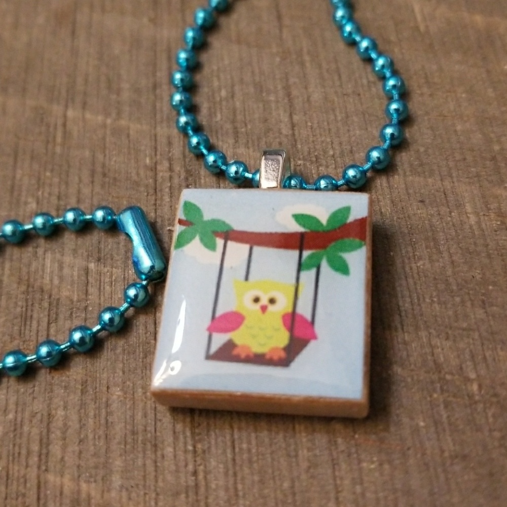 Scrabble Tile Owl in a Swing Necklace