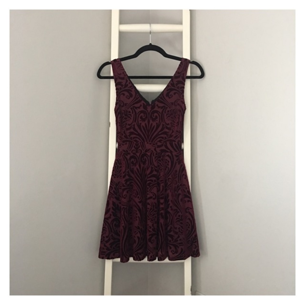 Red Velvet V Neck Embellished Paisley Skater Dress