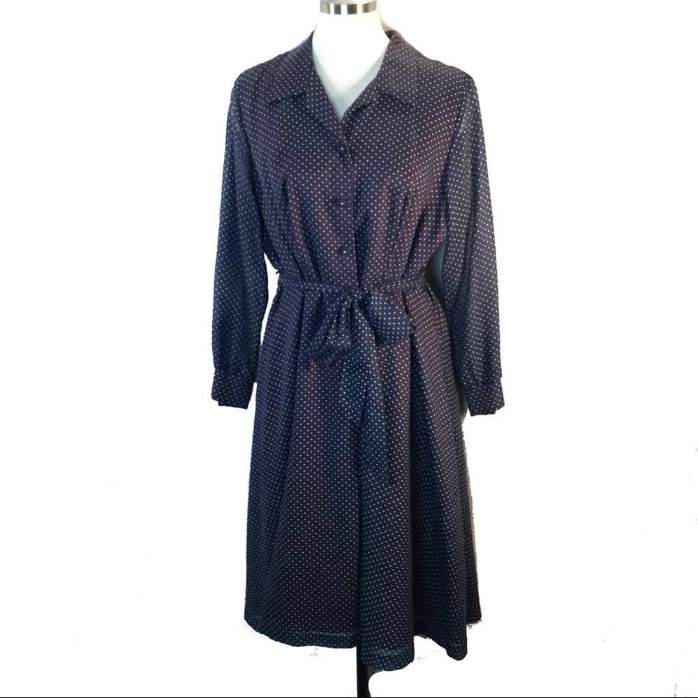 Vtg Sweet Navy White Dot Swing Dress Belt Lined L