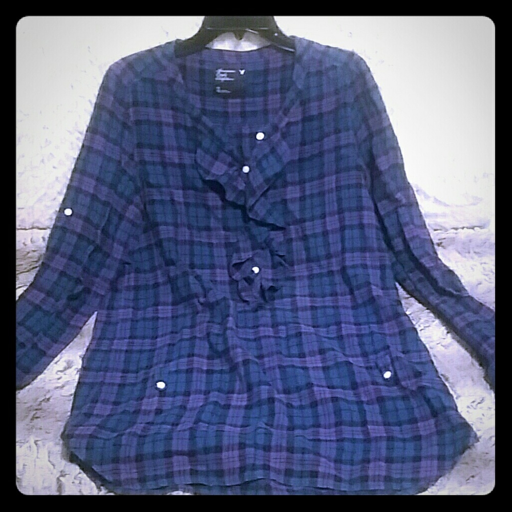 Long purple and blue plaid button down top