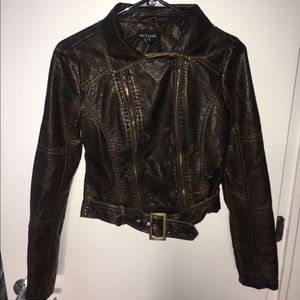 Brown Faux Leather Bomber Jacket