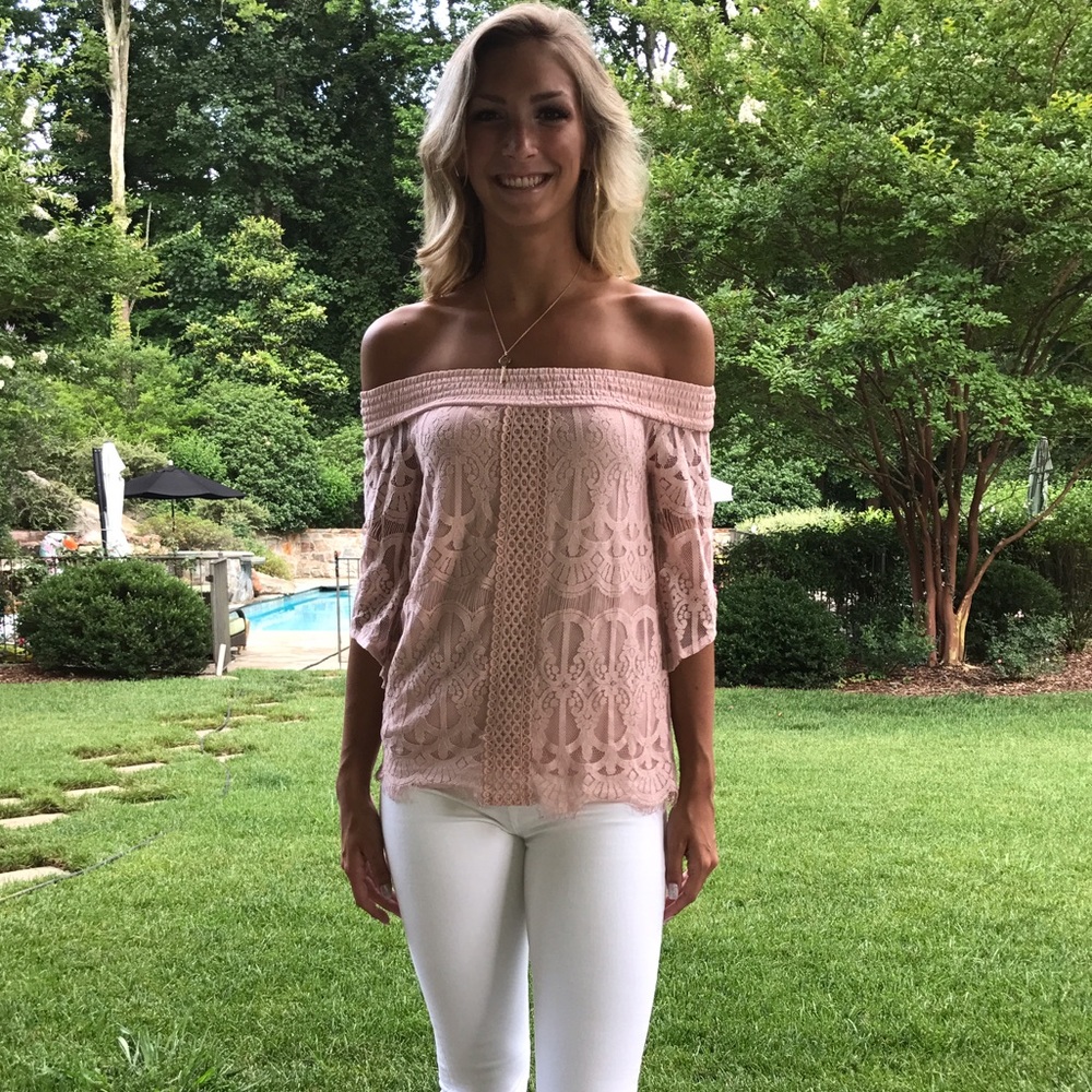 Francesca's off the shoulder pink lace blouse