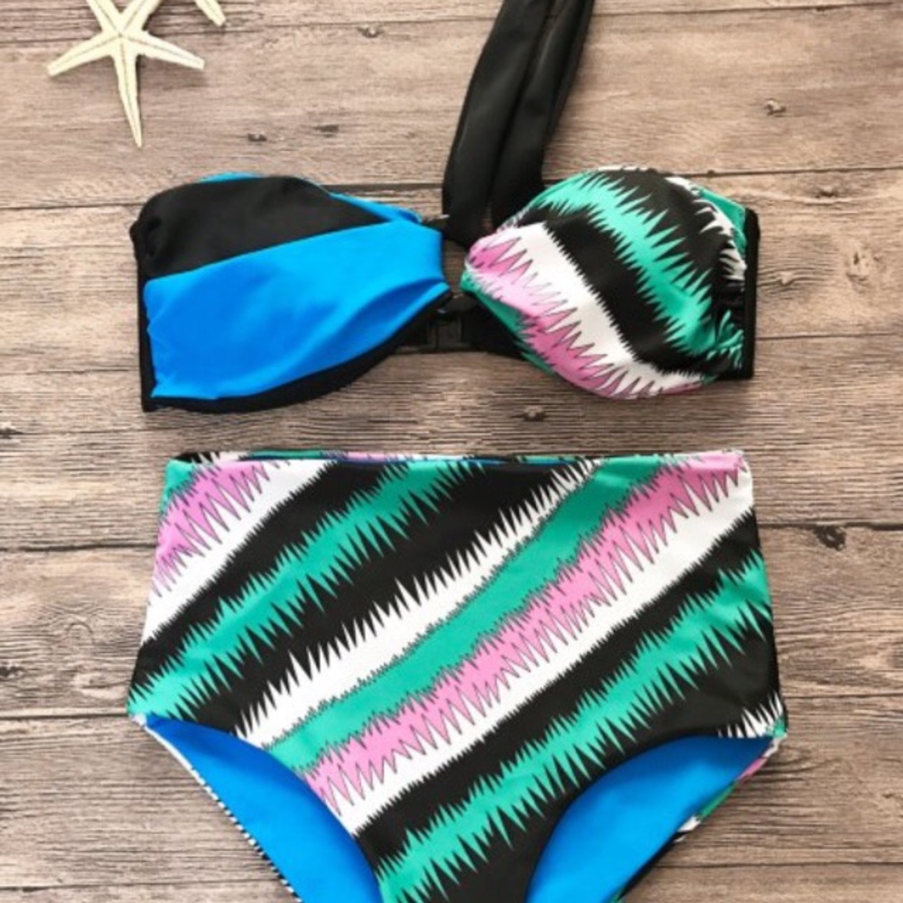 NWT Printed one shoulder high waist bikini set