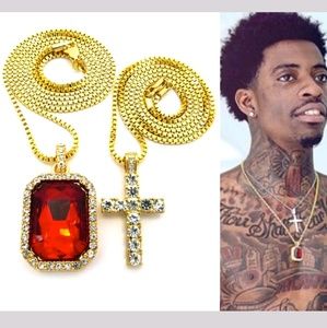 ICED OUT HIP HOP GOLD CROSS & RED RUBY NECKLACE