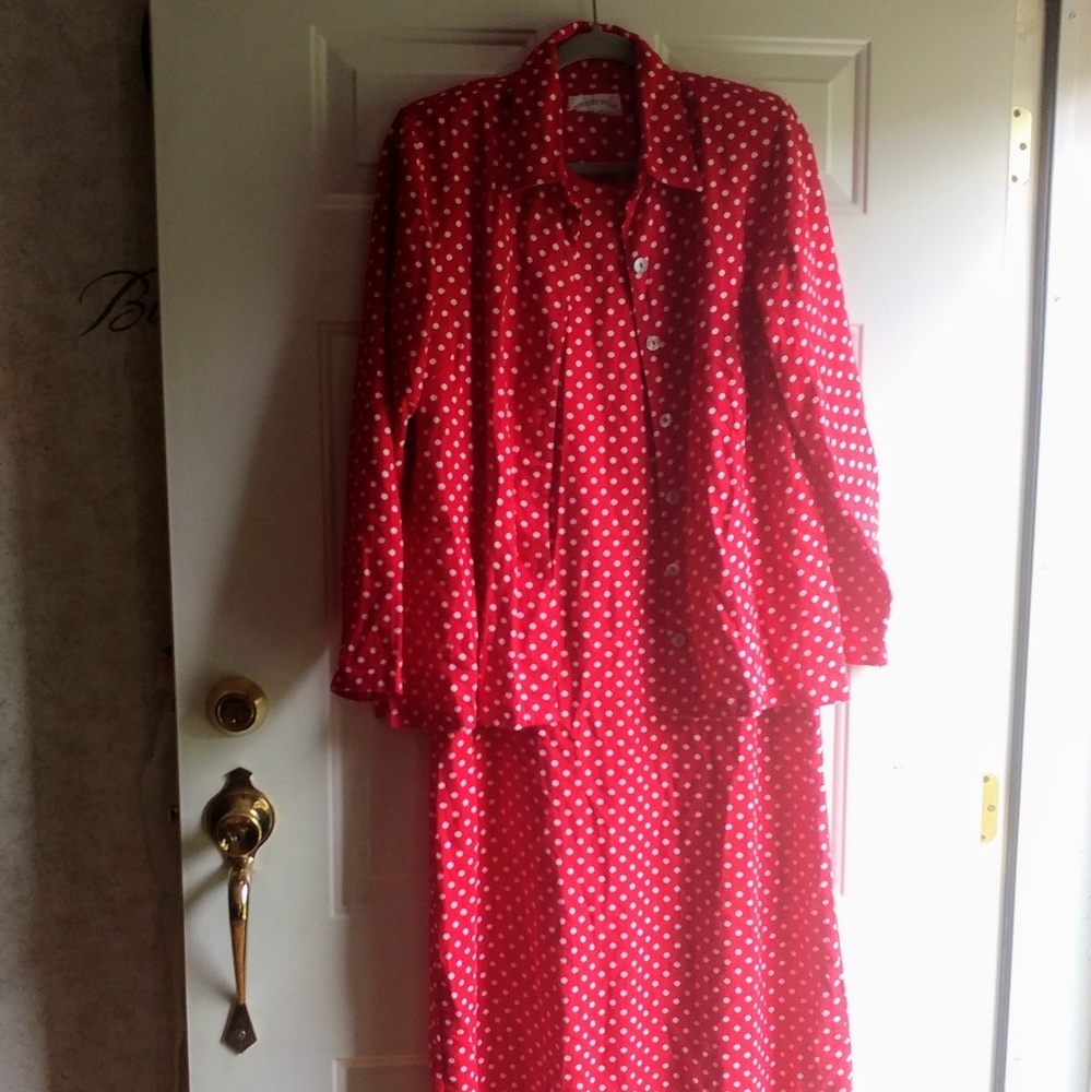 Red polka dot maxi dress and jacket