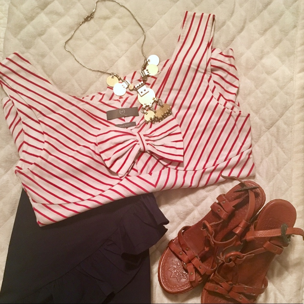 McQ white tank, red stripes, bow & peekaboo detail