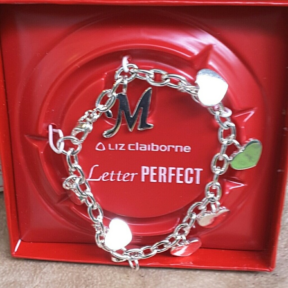 LIZ CLAIBORNE Hearts Charm Bracelet  w "M"  7" - Picture 2 of 2