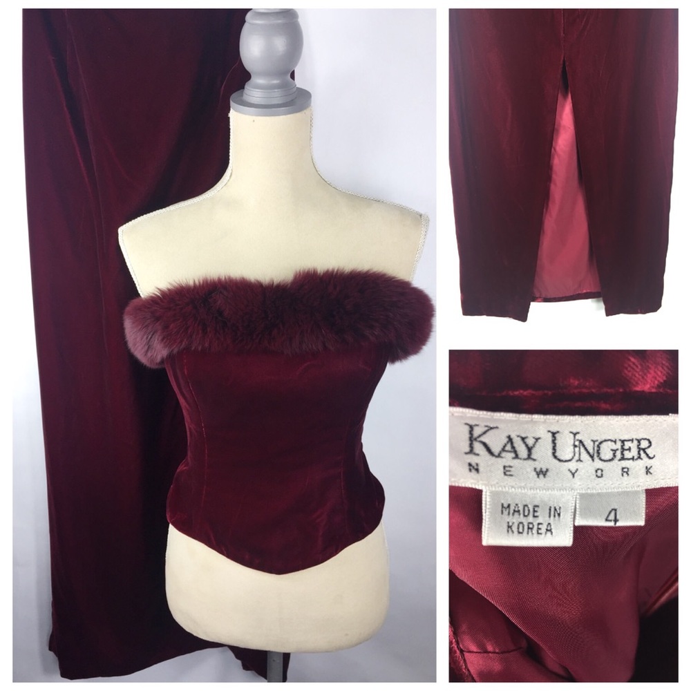 Kay Unger 2 Piece Velvet Slit Skirt & Top Fox Fur
