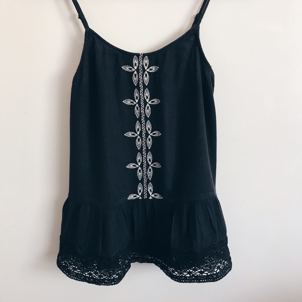 Embroidered and Laced Black Tank