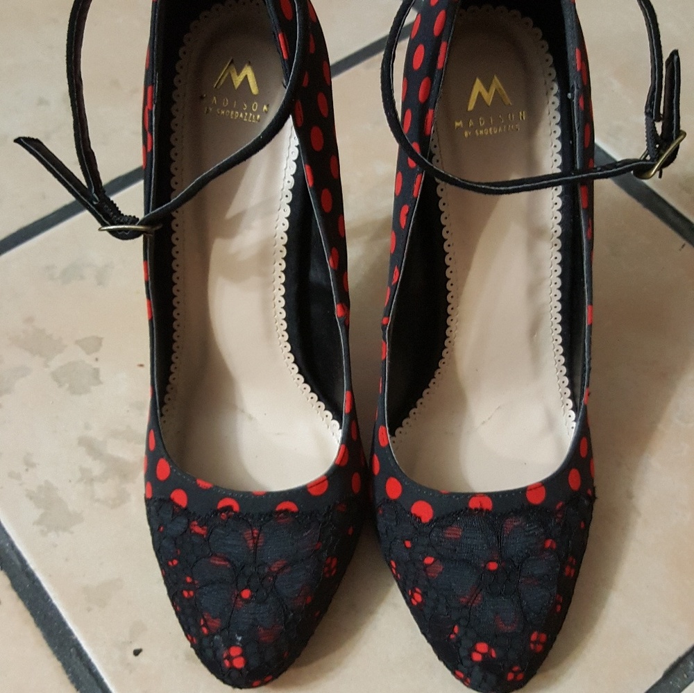 Black and red polka dot heels