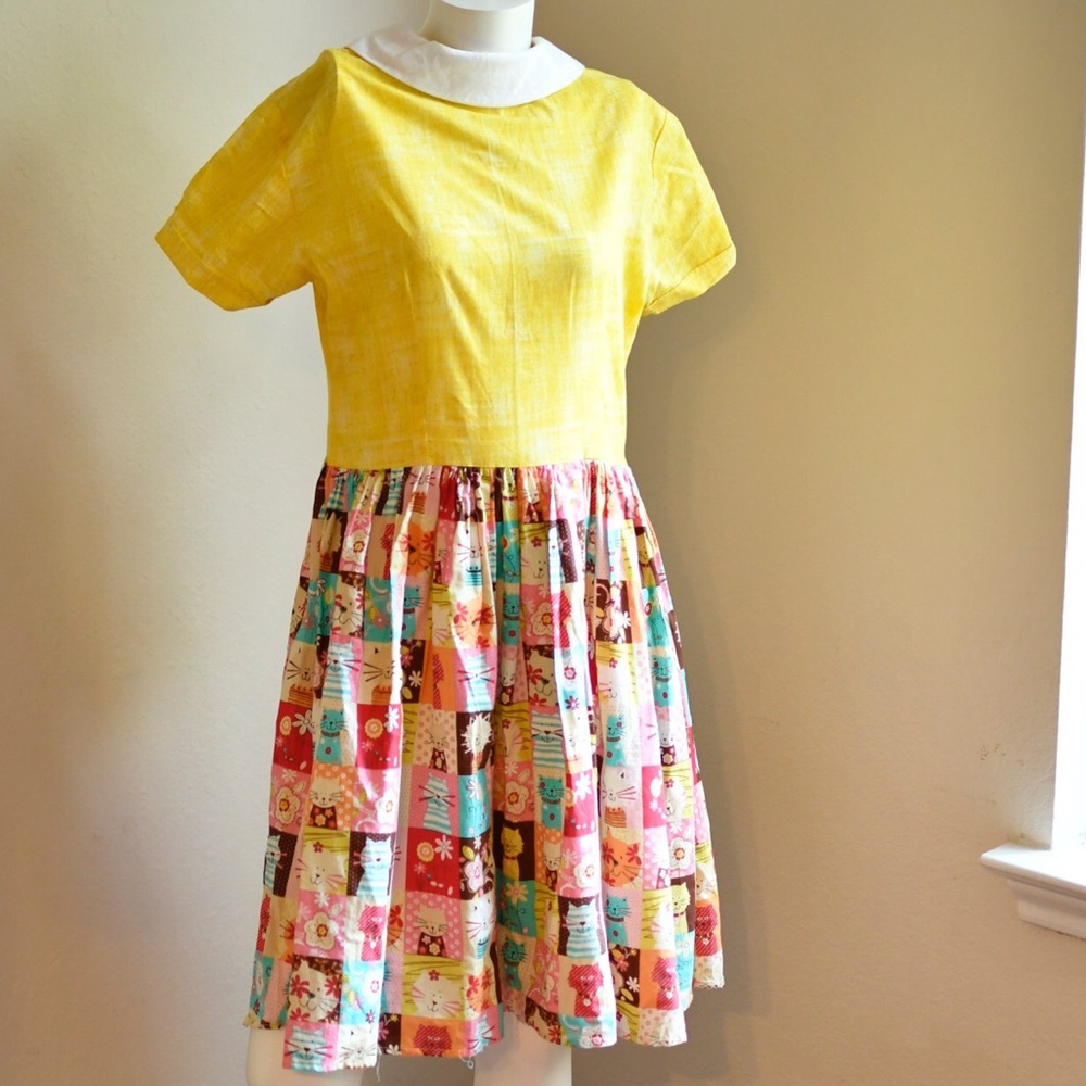 New Custom Stitch yellow cat dress