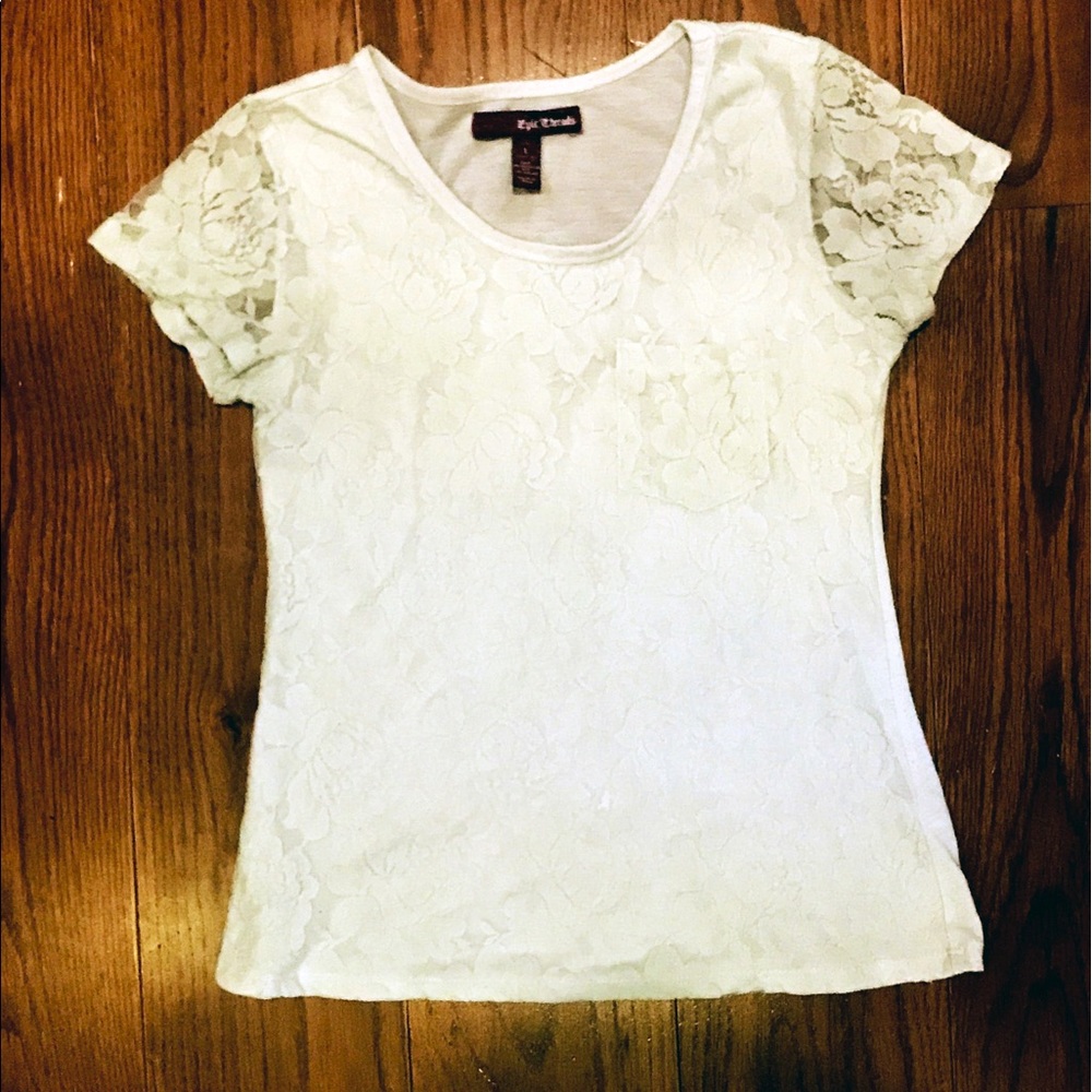 EPIC THREADS Size L White Lacy Short Sleeved Top