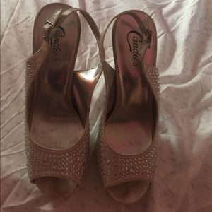 Silver, open-toed heels