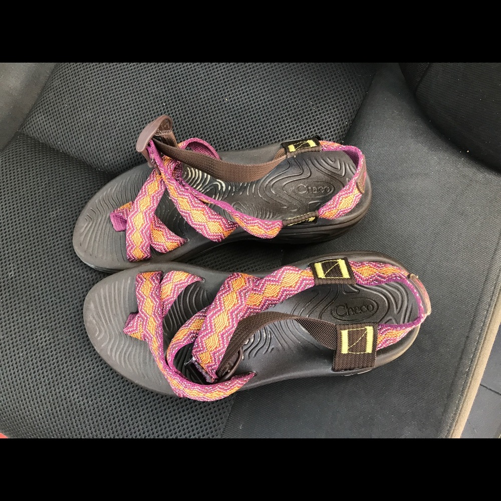 Purple and Yellow Chacos