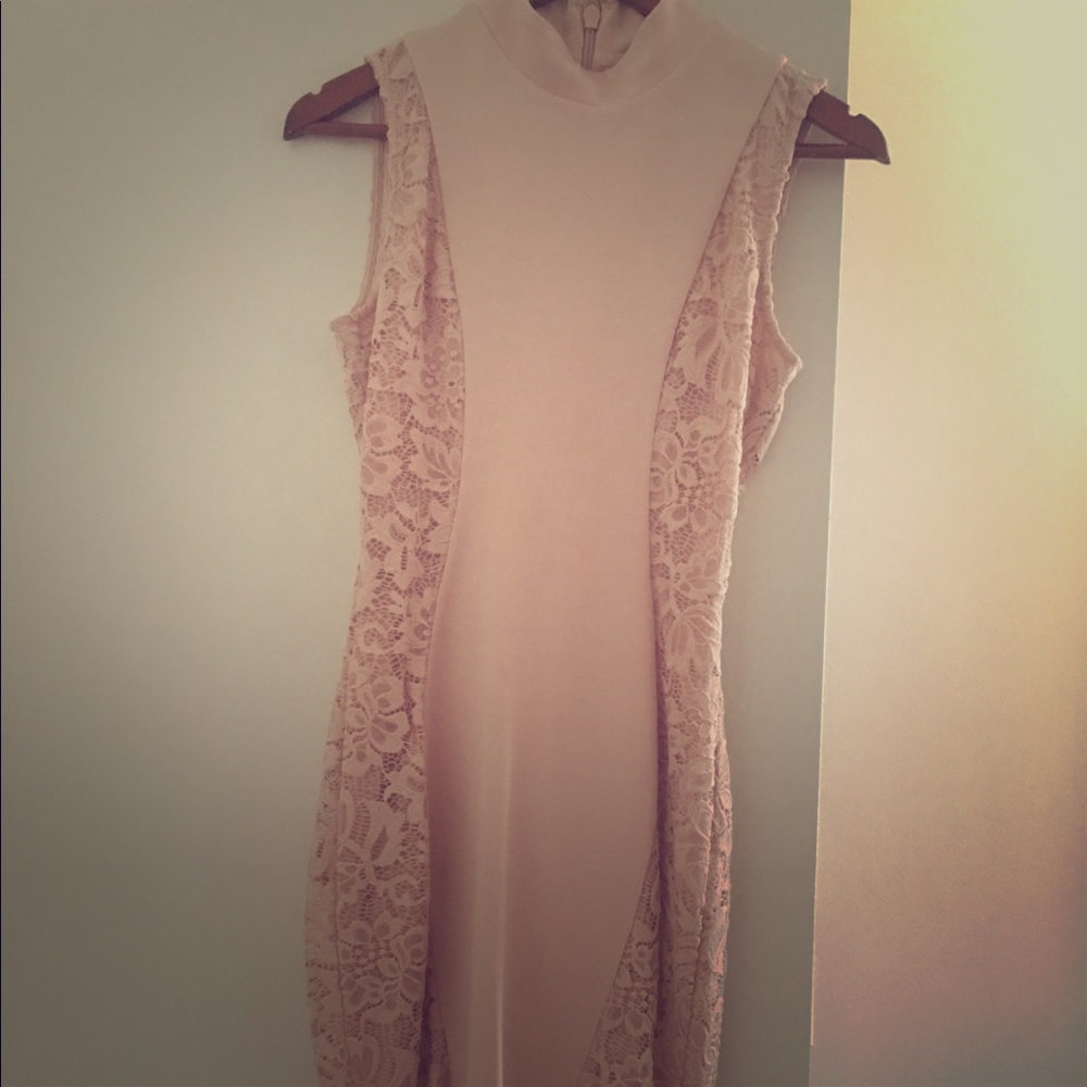 Beautiful Blush color strapless dress.