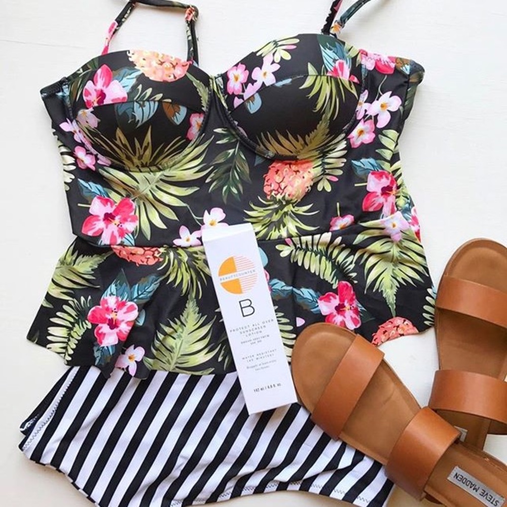 Floral print striped high waisted bikini