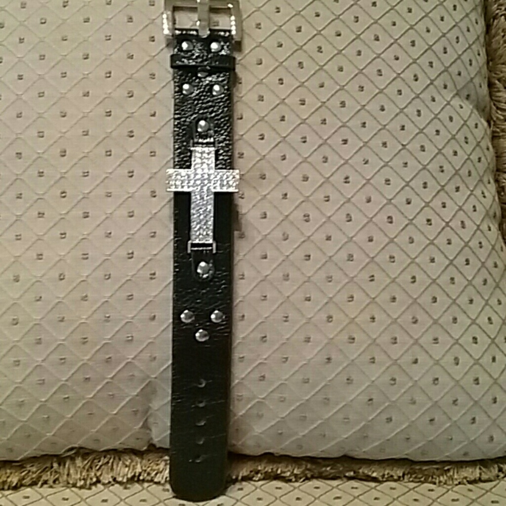 Black Leather Cuff with Gold Pave Crystal Cross