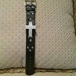 Black Leather Cuff with Gold Pave Crystal Cross