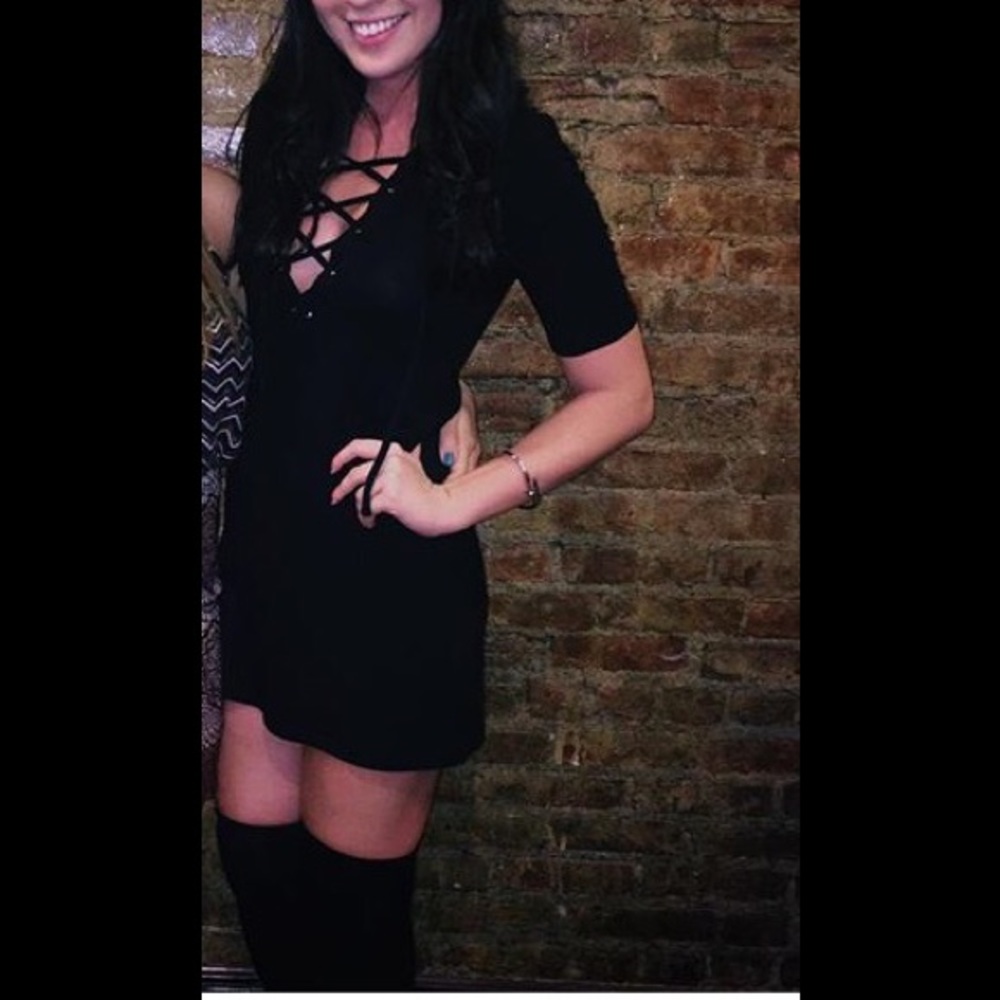 Topshop Black Ribbed Lace Up Front Dress