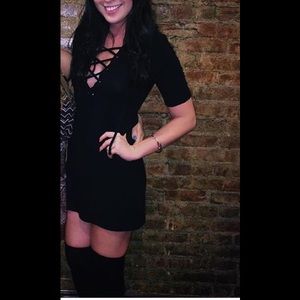 Topshop Black Ribbed Lace Up Front Dress