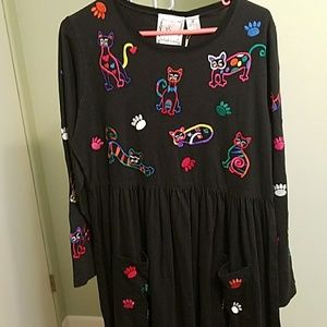 Embroidered cat long sleeve maxi dress